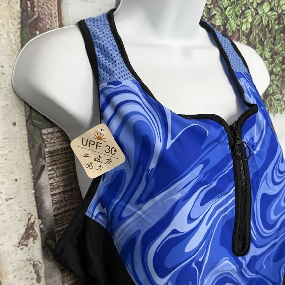 NWT Women's Athletic UPF 50+ Zip Front Tankini Swim Top Blue Marble Zero X Posur - Picture 8 of 14